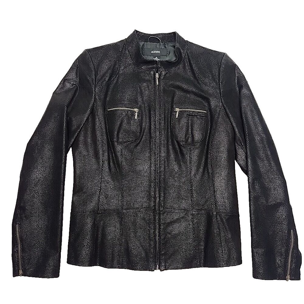 Alfani Leather Jacket Biker Moto Textur Pocket Zip Crop Sz Medium Black Women